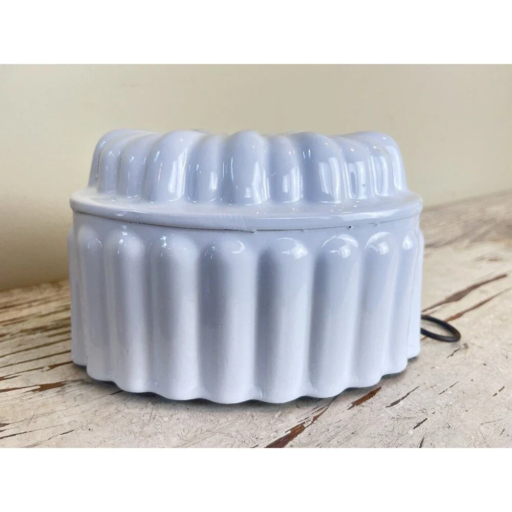 Vintage Dutch White Enamelware Jello Pudding Mold W/ Hanger Cottage Kitchen Home